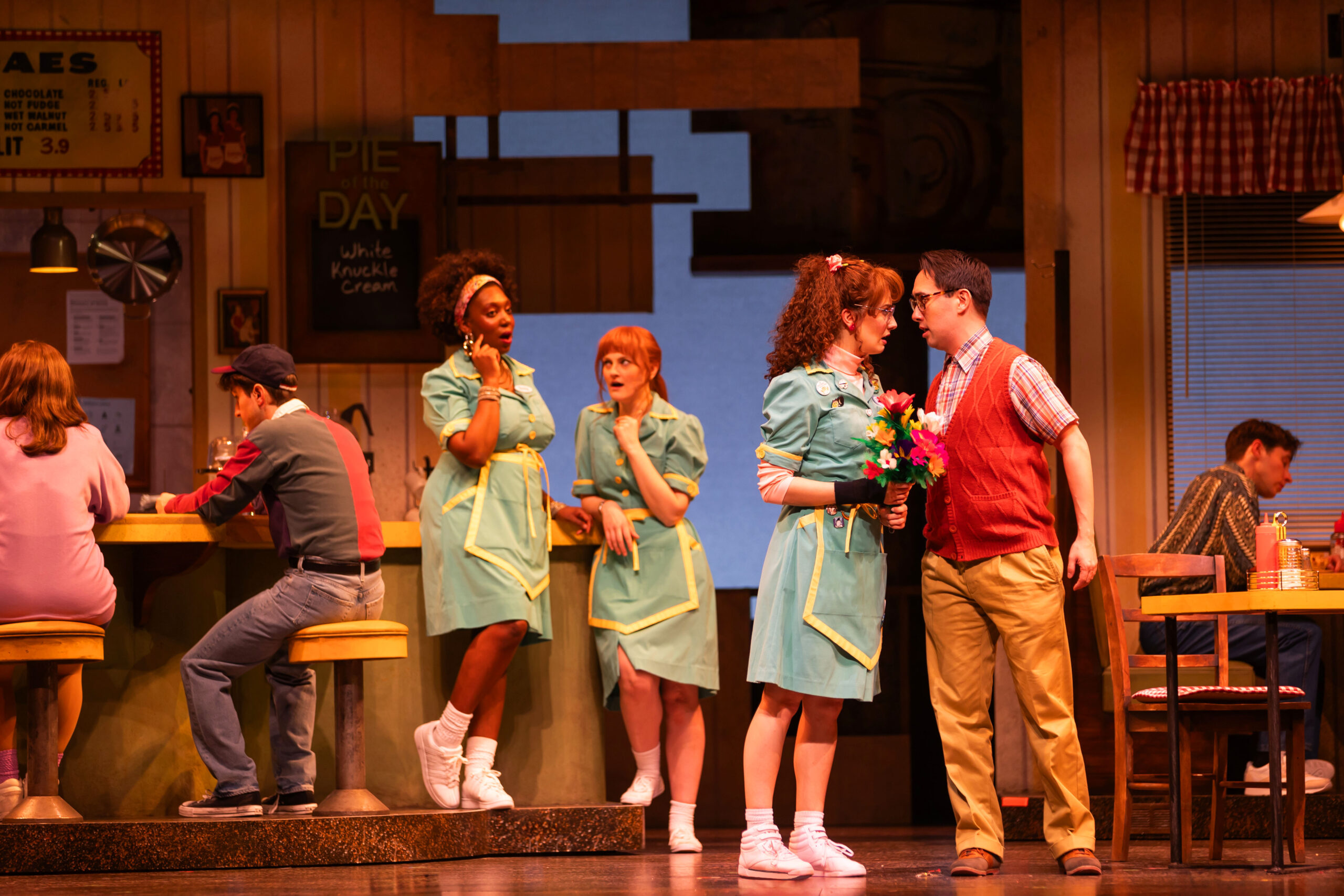 Porscha Shaw, Kerstin Anderson, Tori Gresham, and Kennedy Kanagawa in the TUTS and 5th Avenue Theatre production of Waitress. Photo by Mark Kitaoka.