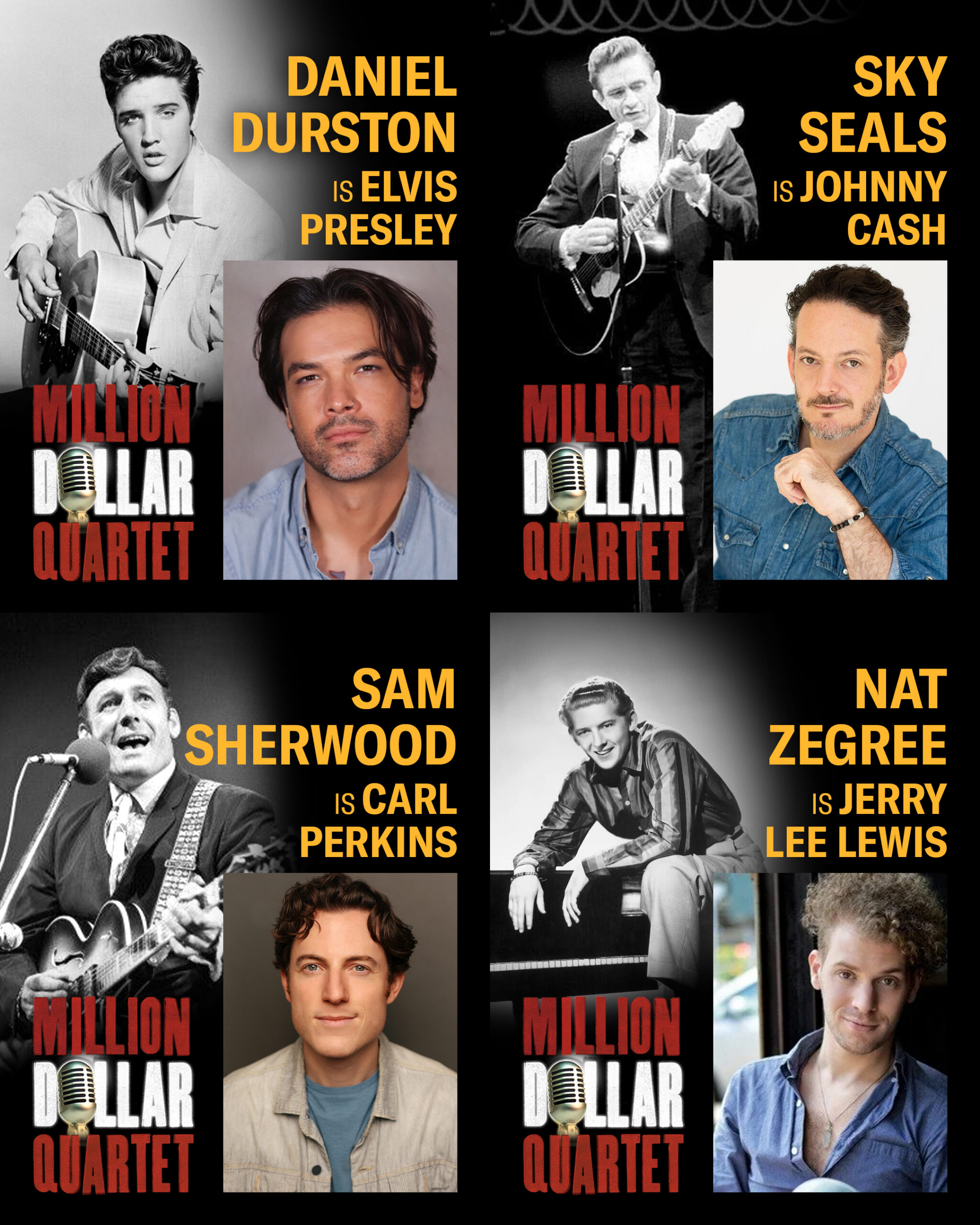 Million Dollar Quartet at TUTS, featuring Daniel Durston as Elvis Presley, Sky Seals as Johnny Cash, Sam Sherwood as Carl Perkins, and Nat Zegree as Jerry Lee Lewis.