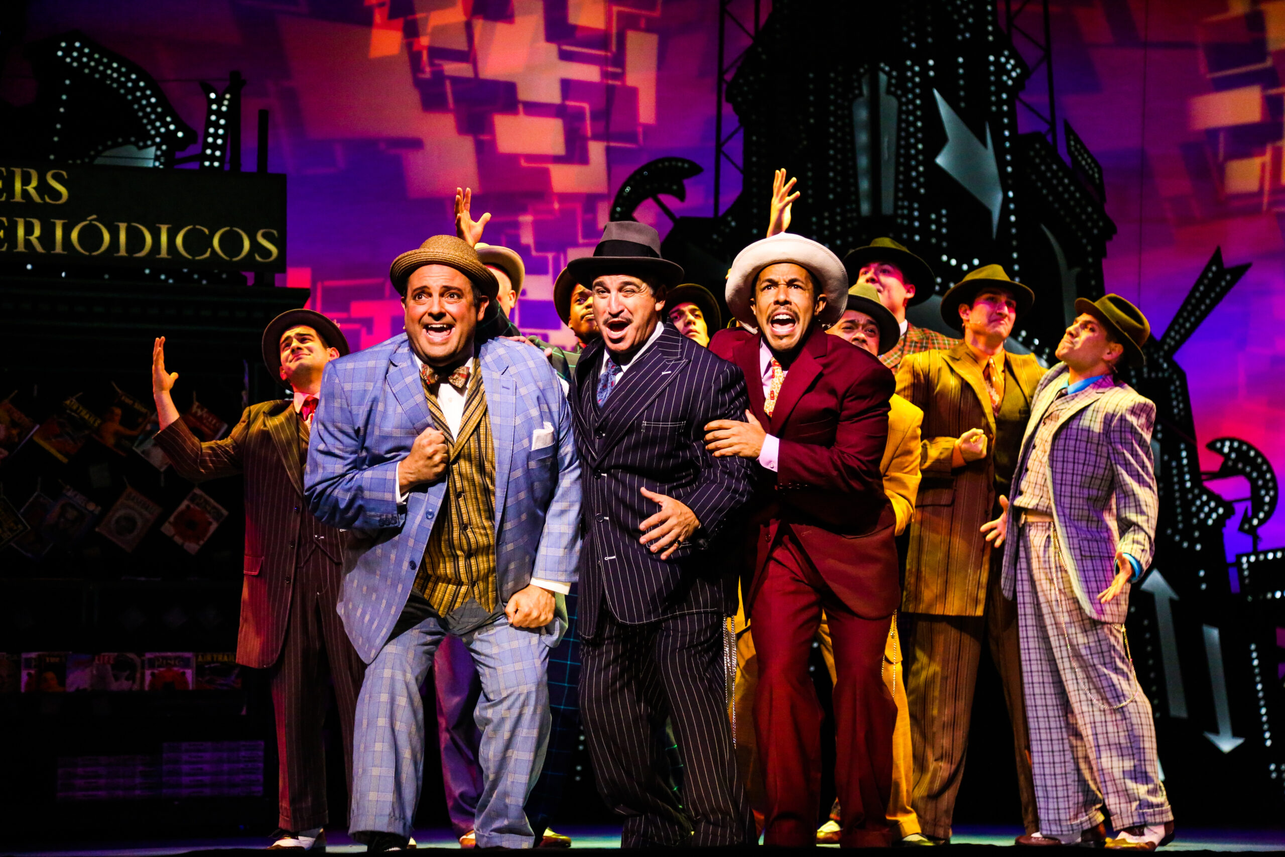 TUTS 2018 production of Guys & Dolls featuring Roland Rusinek as Nicely Nicely, Carlos Lopez as Nathan Detroit, and Cedric Leiba Jr as Benny Southstreet. Photo by Melissa Taylor.